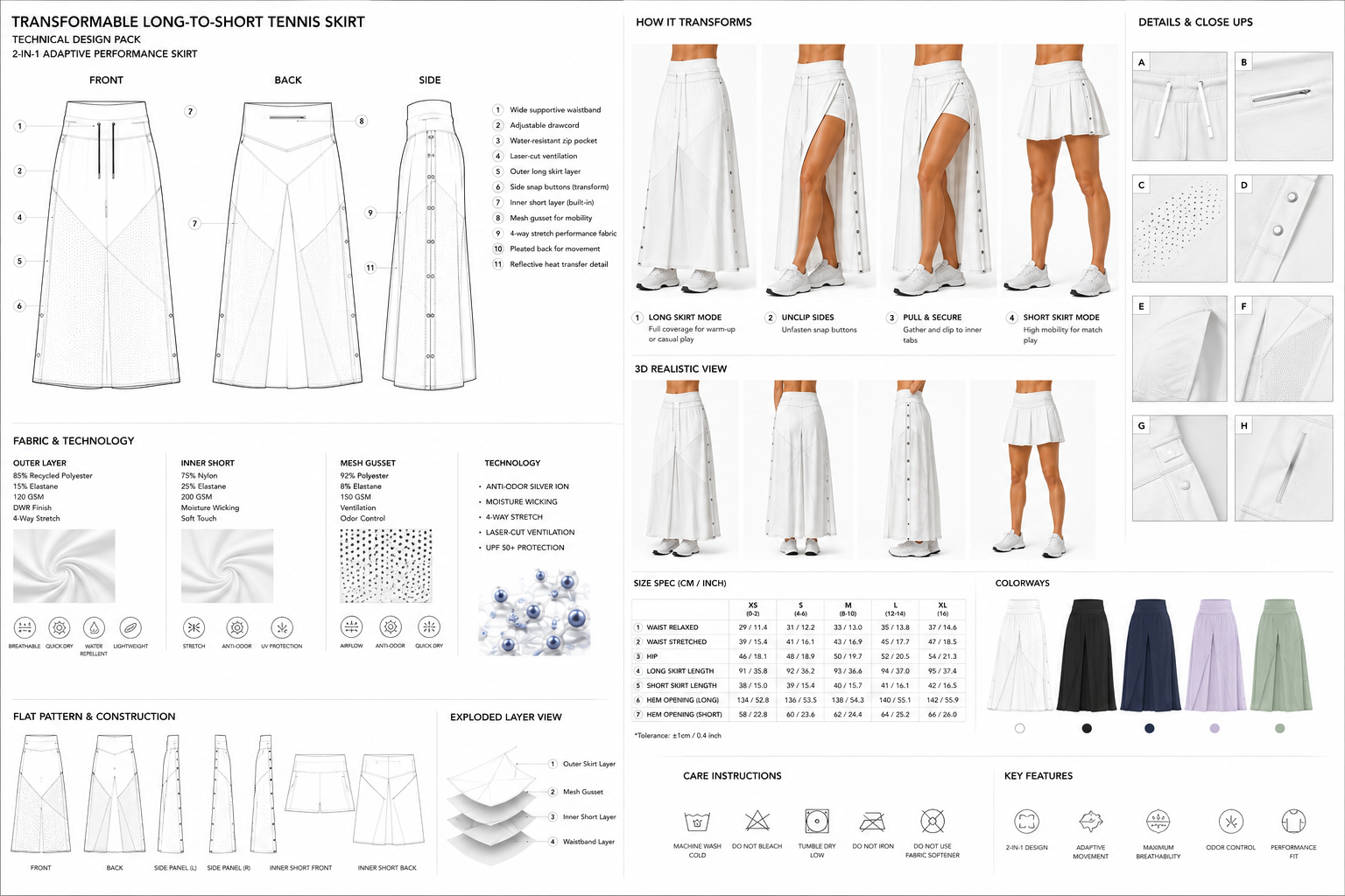 Diana Cuervo Performance Apparel Design — Transformable Long-to-Short Tennis Skirt technical pack with flats, fabric specifications and construction details