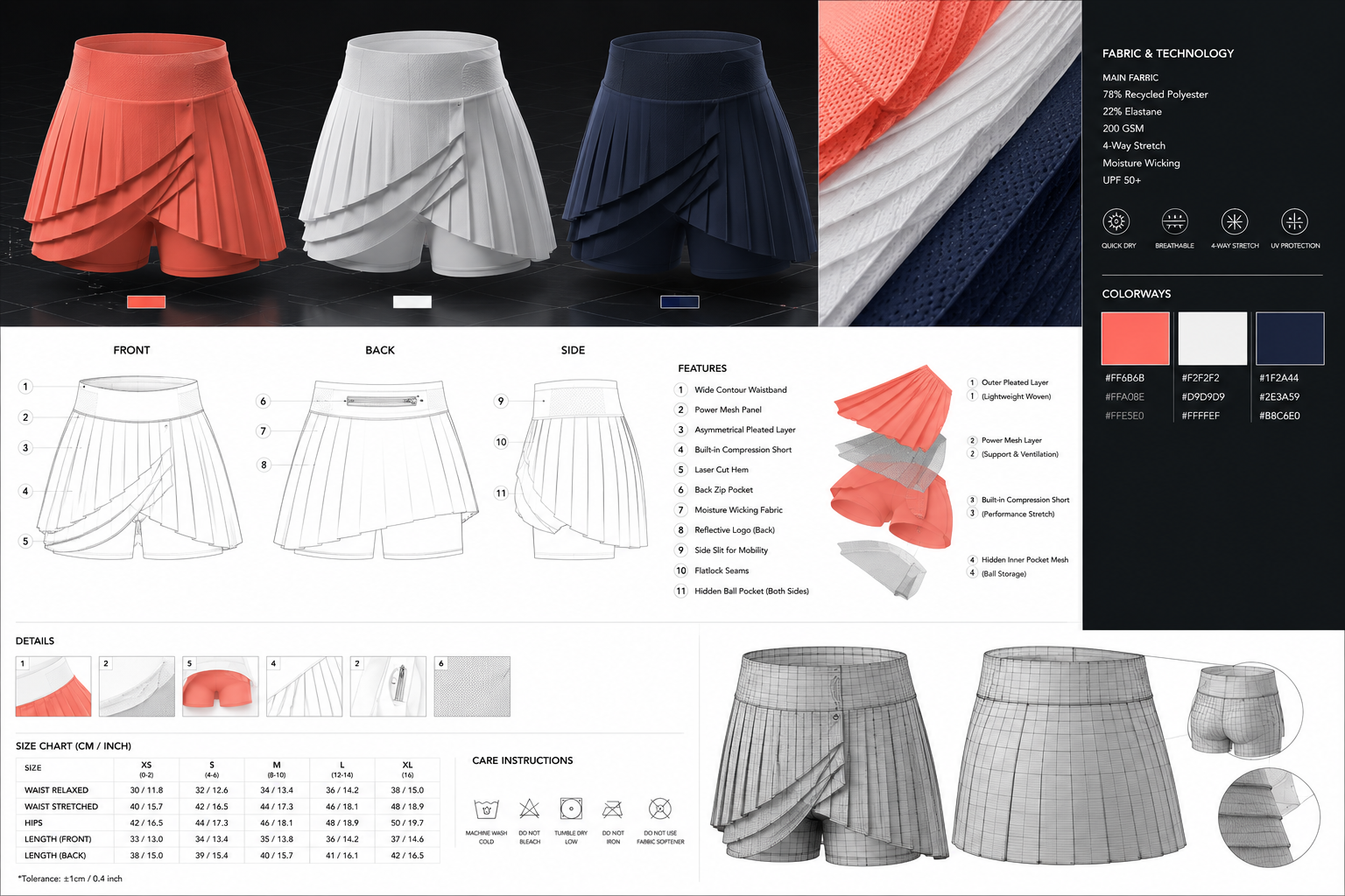 Diana Cuervo Performance Apparel Design — Aero Tennis Skirt colorways, technical flats, fabric and construction details