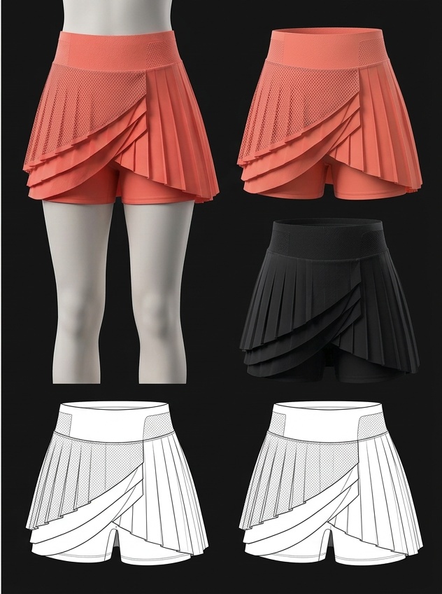 Diana Cuervo Performance Apparel Design — salmon and onyx asymmetrical companion skirt with separate 2D flats and 3D design studies