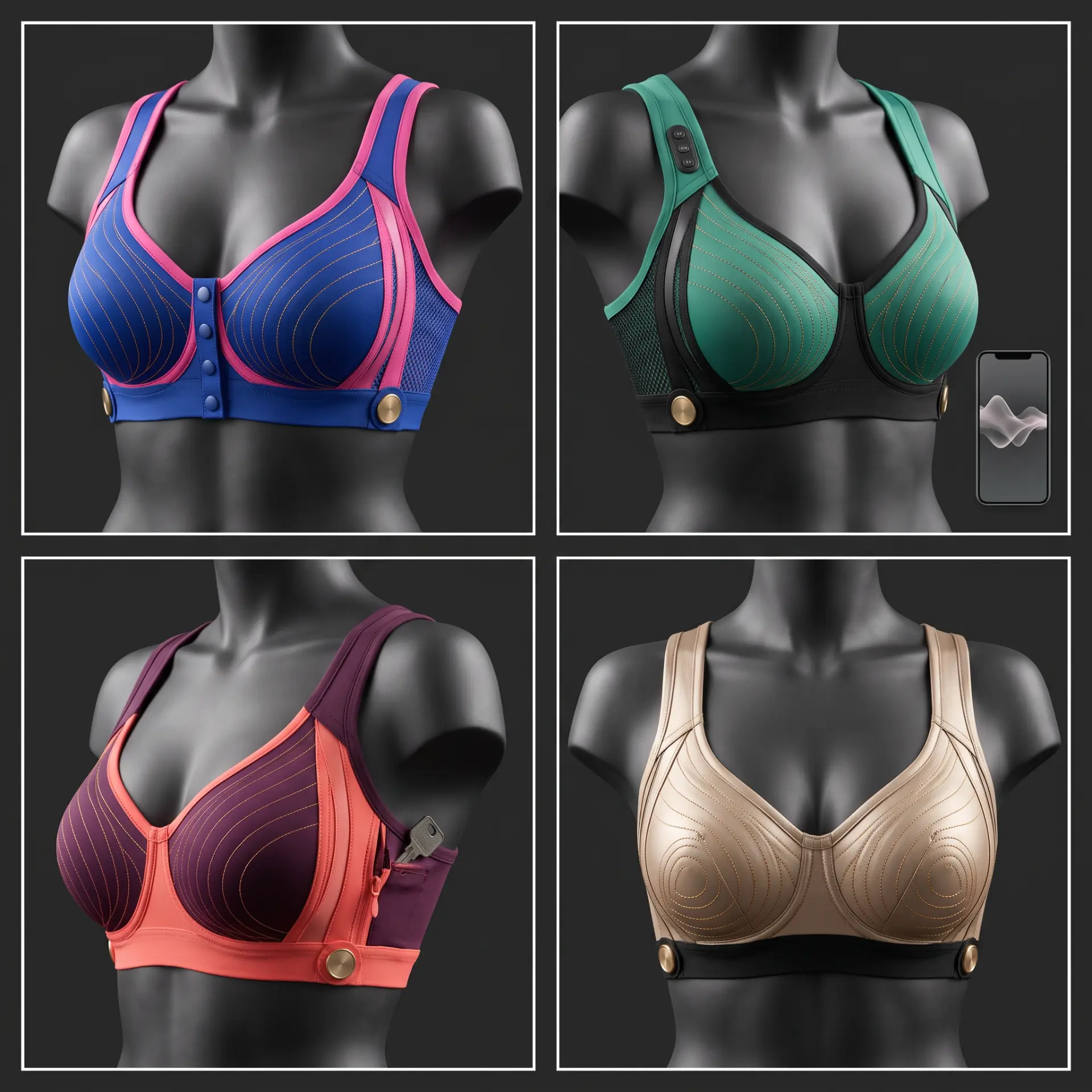 Diana Cuervo Performance Apparel Design — Cone & Coin sports bra collection board with Color × Button, AI Music Muse, Keep Your Keys and Iconic Cone design studies