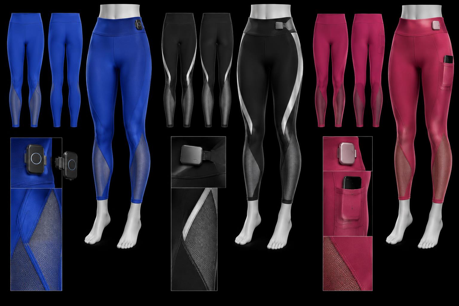 Diana Cuervo Performance Apparel Design — cobalt, black and raspberry smart leggings with 2D front/back flats, 3D garment studies and removable waist modules