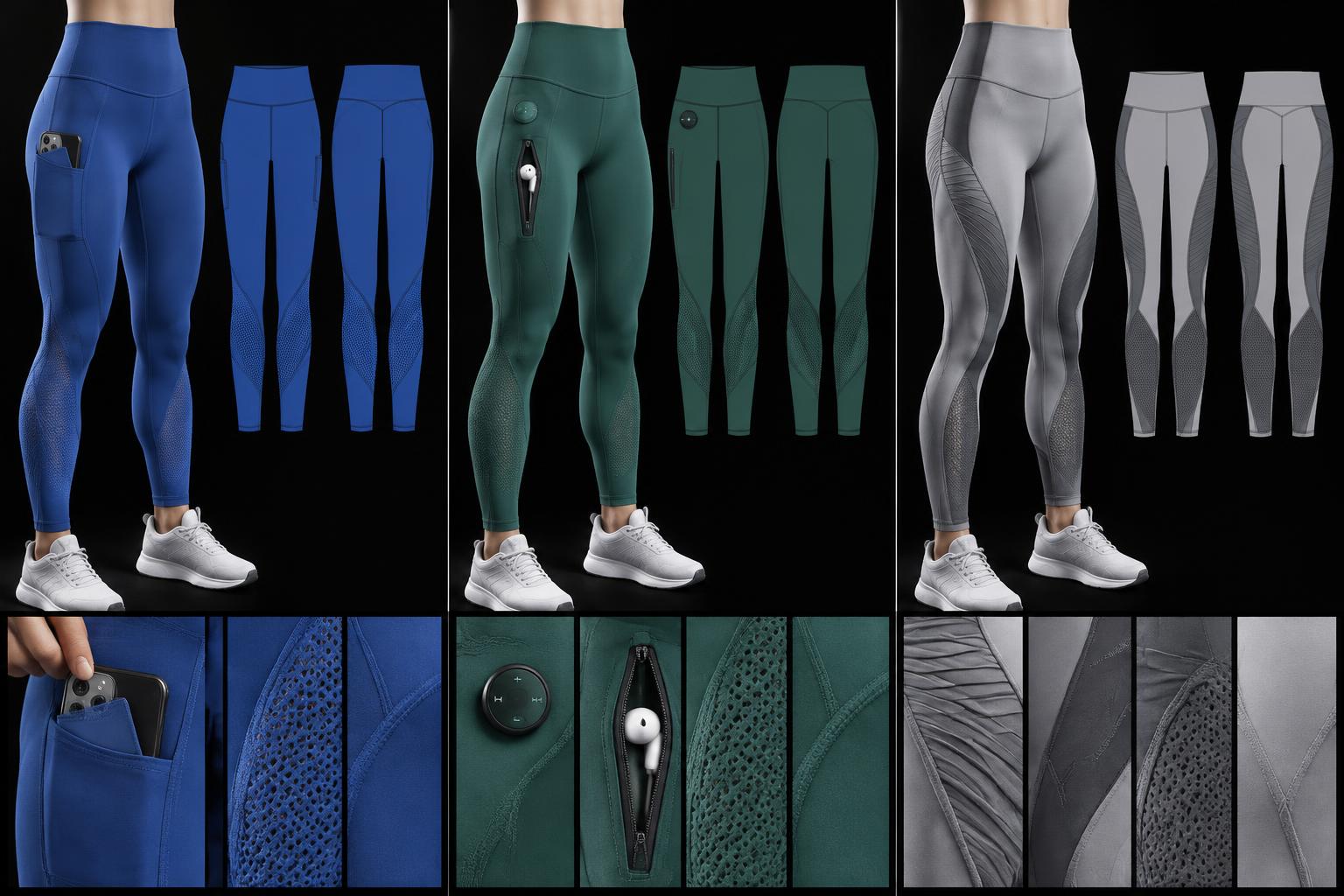 Diana Cuervo Performance Apparel Design — cobalt phone-pocket leggings, jade music-control leggings and silver shape-memory textile leggings with 2D flats and 3D garment studies